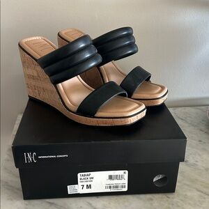 INC International Concepts Black and Tan Cork Wedge Sandals